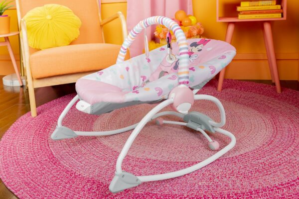 Bright Starts Disney Baby MINNIE Mouse - Mecedora y asiento para bebés y niños pequeños con vibraciones y barra de juguete extraíble.